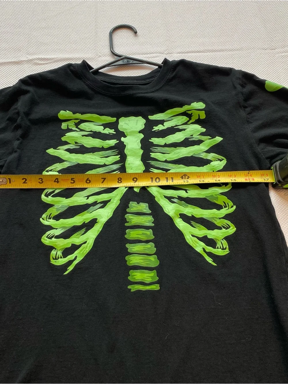 Kids Halloween Black Long-Sleeve Tee with Neon Green Skeleton Print